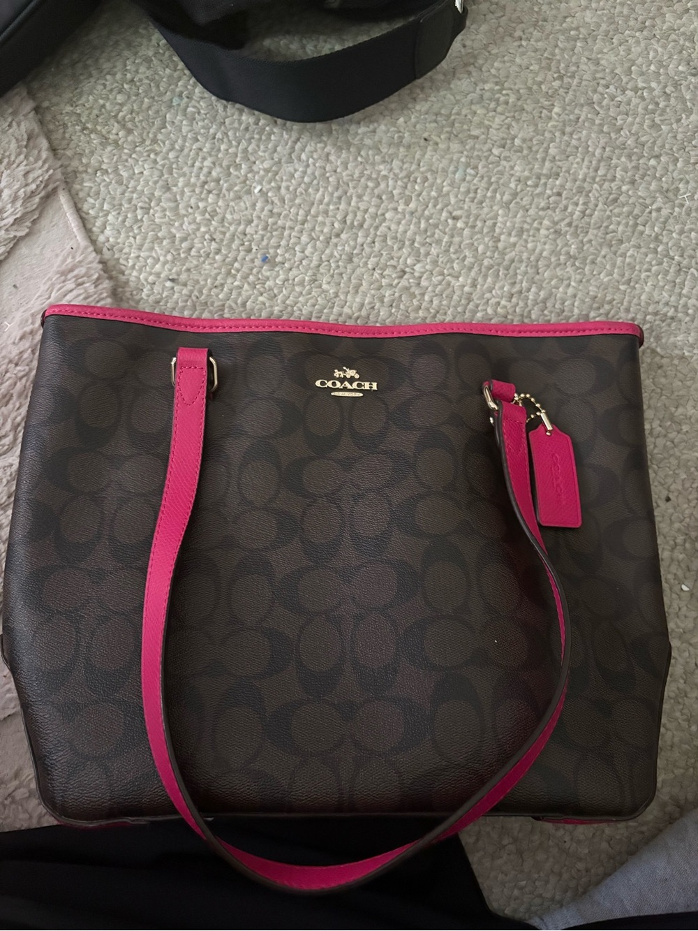 Coach Brown Signature Tote with Bright Pink Trim